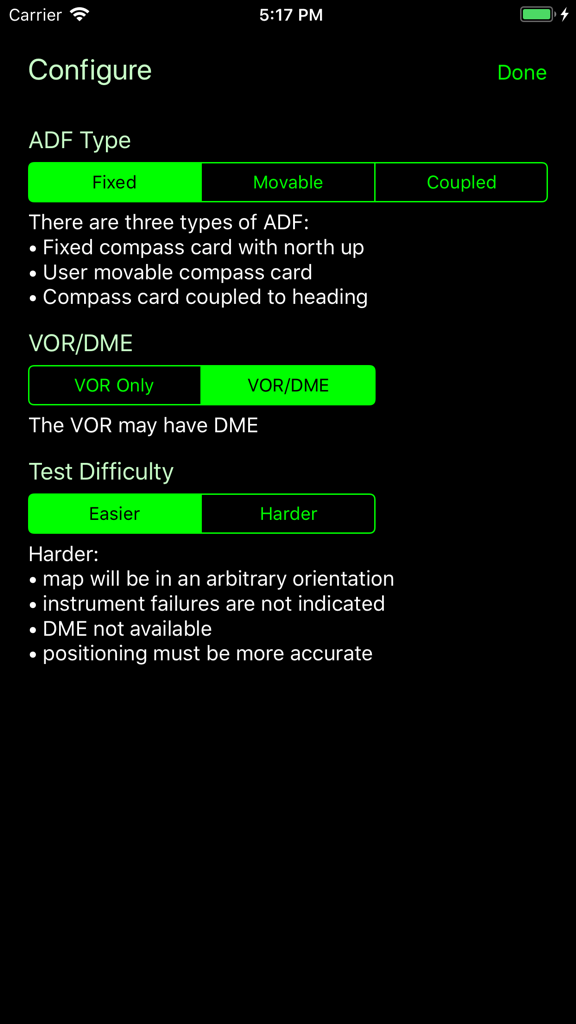 Tela de configurações de configuração para tipo de ADF, VOR DME e níveis de dificuldade do teste