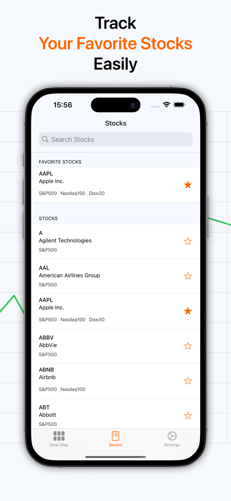 Stock+: Stock Market Heat Map - Interfaz de aplicación móvil que muestra una lista de acciones favoritas y una barra de búsqueda para rastrear el rendimiento del mercado.
