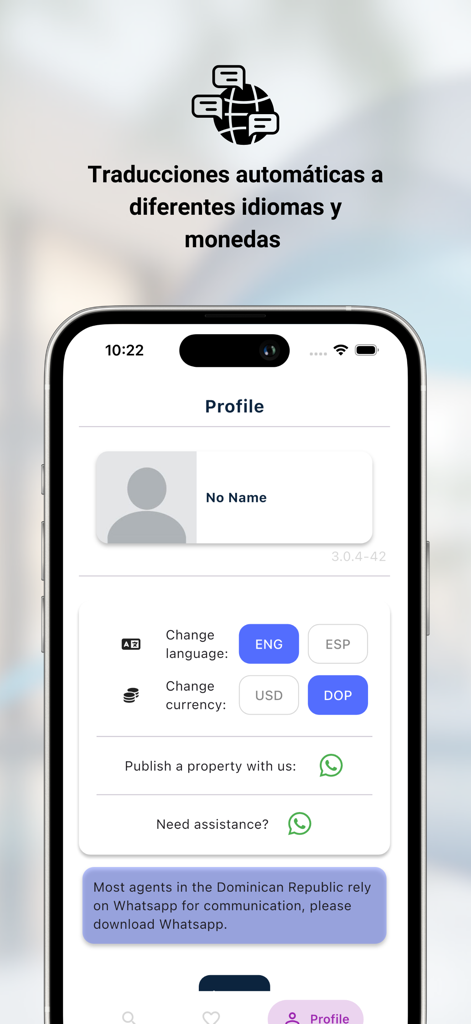 Toca Timbre - Toca Timbre mobile app profile screen displaying language and currency selection settings.