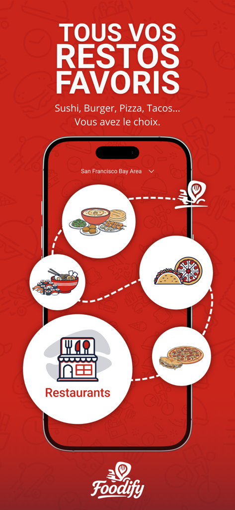 Foodify Delivery - Smartphone screen of the Foodify app showing a selection of local favorite restaurants and cuisines on a red background