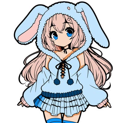 pretty anime girl wearing a fluffy hoodie with bunny ears on the hood and a skirt