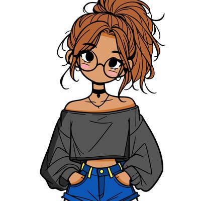 girl with a messy ponytail glasses a baggy crop top and jean shorts