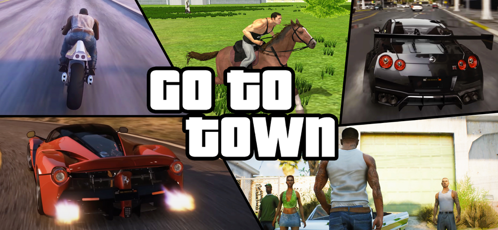 Gameplay-Collage von Go To Town mit Sportwagen, Motorradfahren und Reiten in einer offenen Welt.