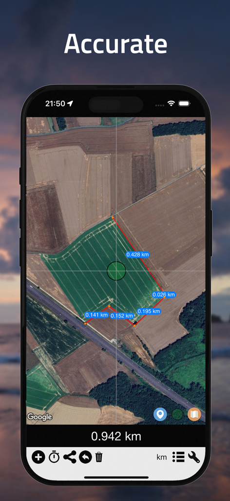 DistanceCalculator - Map tool - L'application DistanceCalculator affichant une mesure précise du terrain sur une carte satellite.