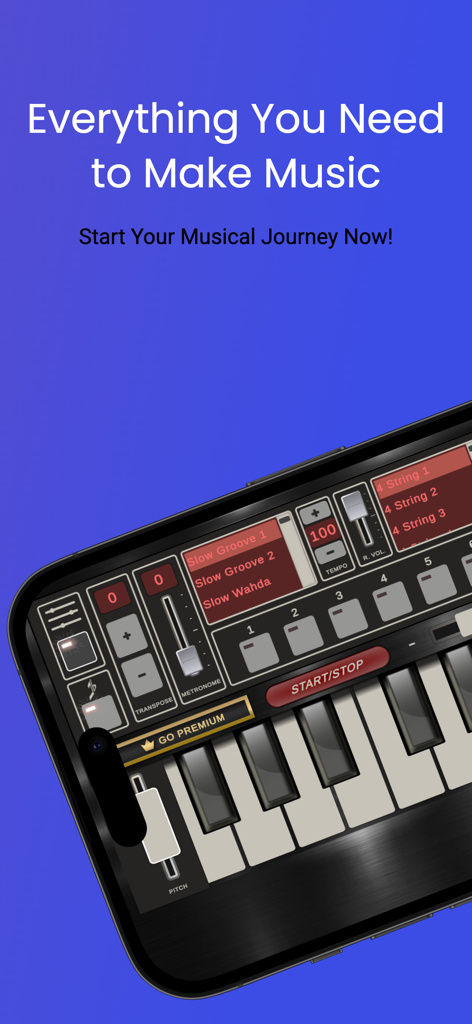 Mobile Org 2025 App-Oberfläche auf einem Smartphone-Bildschirm, die eine virtuelle Tastatur mit Rhythmus- und Instrumentensteuerung zeigt