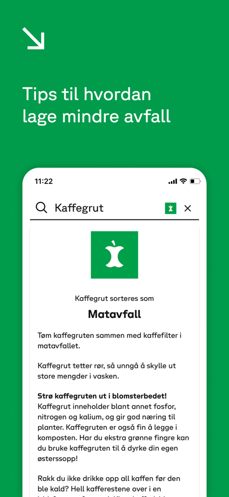 Sortere - The Sortere app interface showing how to recycle coffee grounds as food waste with additional tips for garden use.