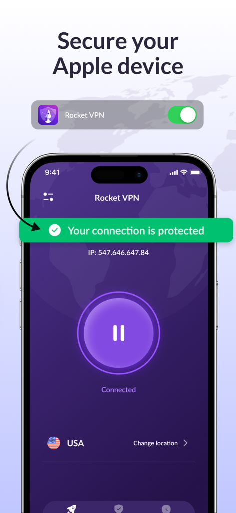 iPhone screen showing Rocket VPN app with a protected connection status