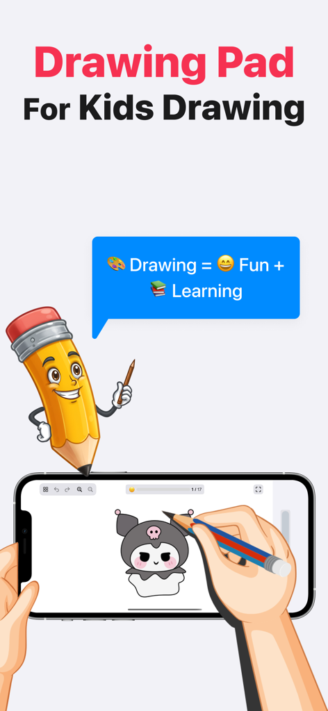 ArtLoop: Learn How to Draw - ArtLoop drawing pad app for kids showing a step by step character sketch on a phone