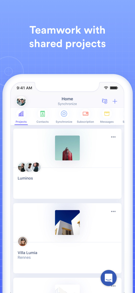 Archireport - Archireport mobile app screen displaying shared construction projects and team collaboration features