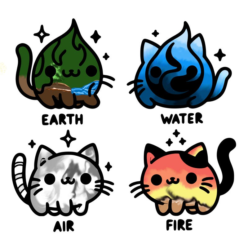 4 cats that represent the different elements, earth, water, air, and fire