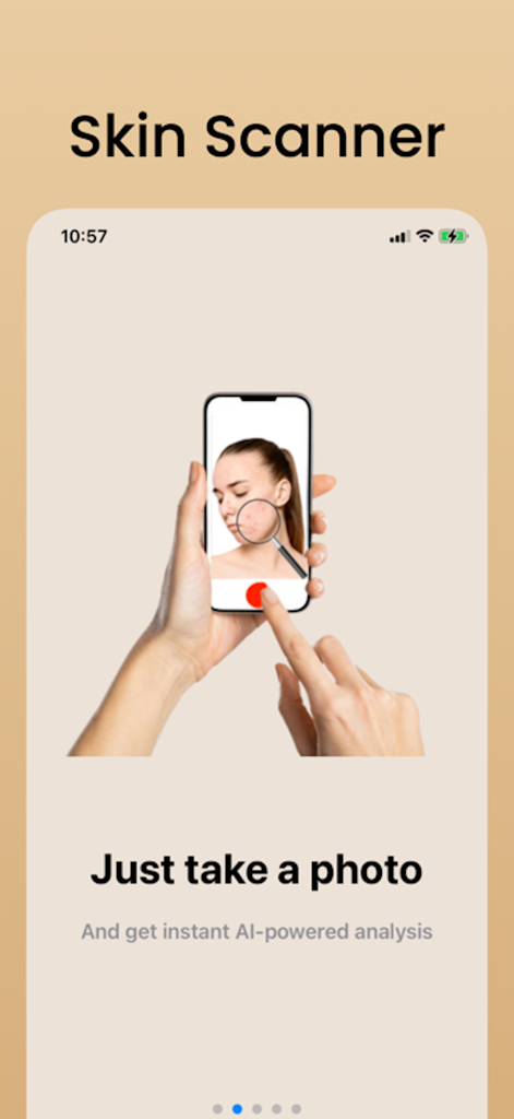 Skin Care Scanner: SkinCare - A smartphone screen showing the skin scanner app taking a photo for AI analysis