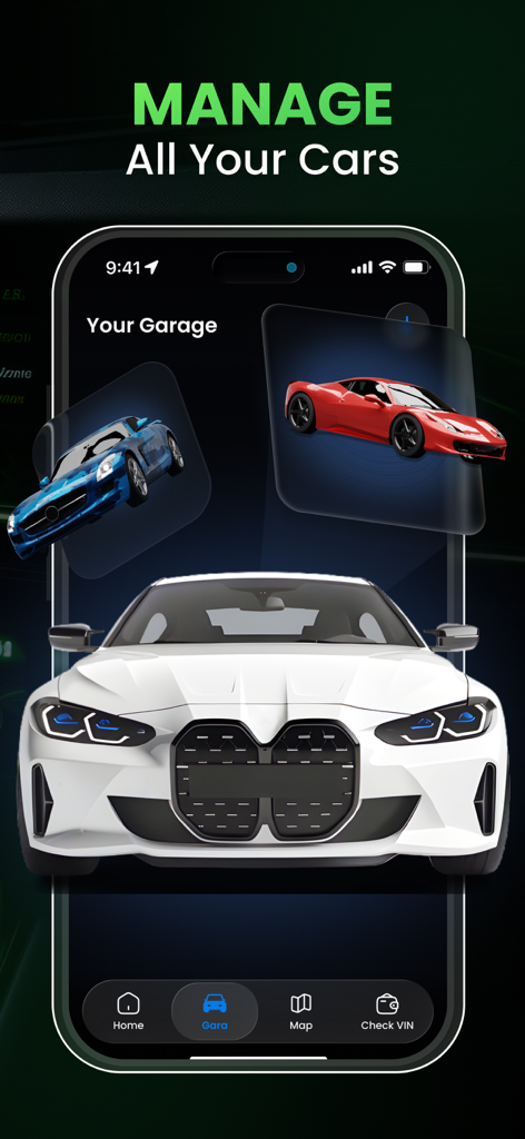 Car.Play Connect: Smart Sync - Pantalla de iPhone que muestra la función Tu Garaje para gestionar varios vehículos en la aplicación Car Play Connect