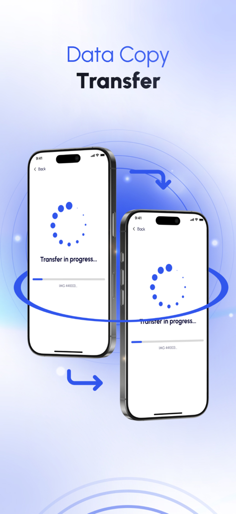 Сopy My Data: Share & Transfer - Dos iPhones mostrando la transferencia de datos en progreso con barras de progreso y flechas de sincronización