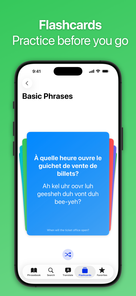 SpeakEasy French: Phrasebook - iPhone display showing the SpeakEasy French app flashcards feature with a French phrase and its phonetic pronunciation guide.