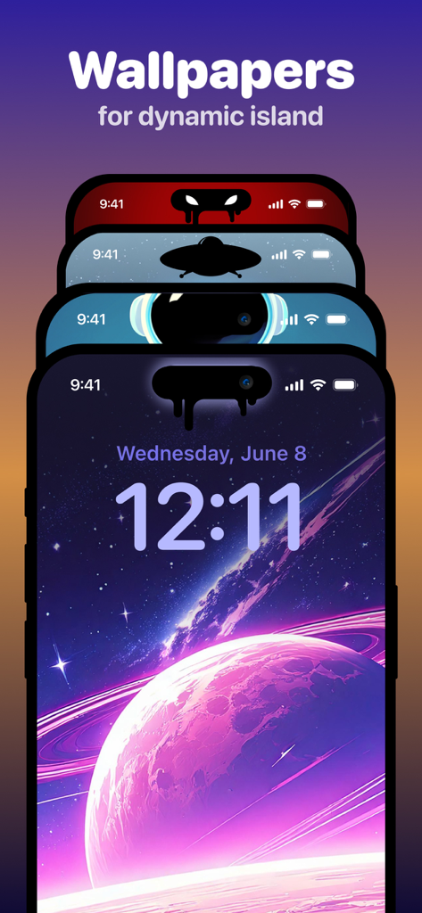 Wallpapers for Dynamic Island・ - A stack of iPhone lock screens showcasing different creative wallpaper designs that transform the Dynamic Island into characters and space scenes.