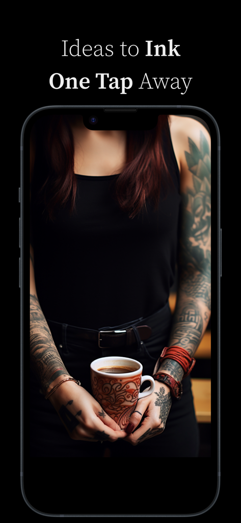 AI Tattoo Design Generator - Tela de smartphone exibindo uma mulher com tatuagens de manga e o texto Ideias para Tatuar a um Toque de Distância