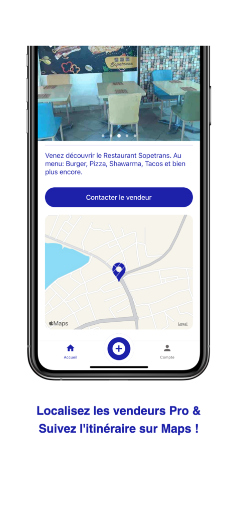 Nidora - Mobile screen of Nidora app showing a restaurant listing with its location on a map and a contact button.