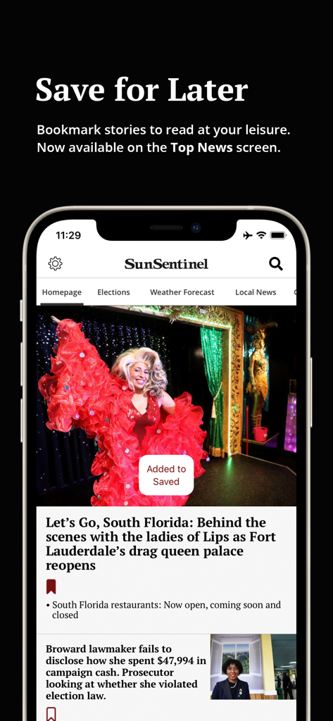 The Sun Sentinel mobile app interface displaying a news article with the Save for Later bookmark feature active