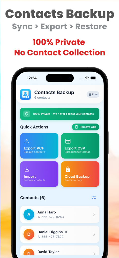 Contacts Backup : Pro - Dashboard of Contacts Backup Pro app showing quick actions for exporting contacts to VCF and CSV formats