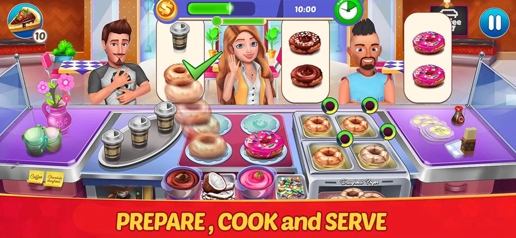 Gameplay of Kitchen Chef Cooking Manager showing players preparing and serving donuts and coffee to customers.