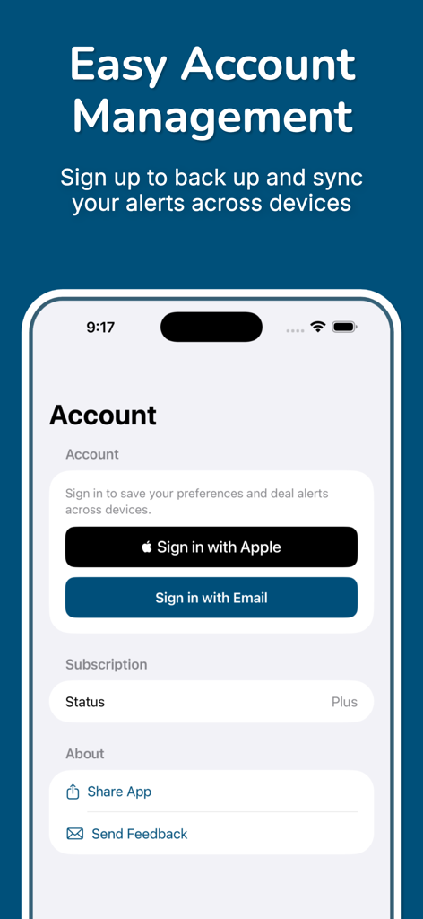 Kelly's Cheap Cruise Deals - Account management screen for Kellys Cheap Cruise Deals app with Apple and email sign in options