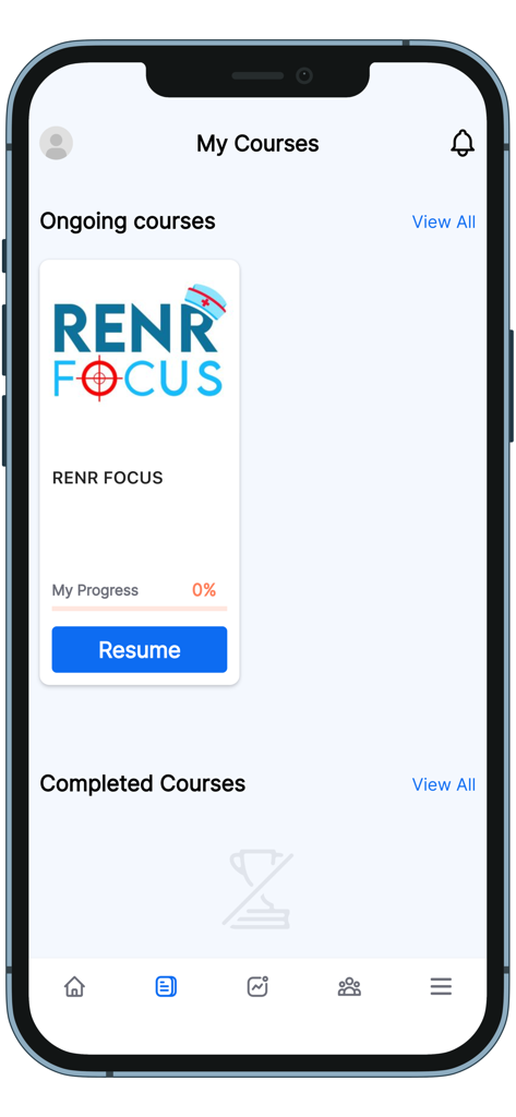 RENR FOCUS - The My Courses screen of the RENR FOCUS app showing ongoing nursing exam prep progress
