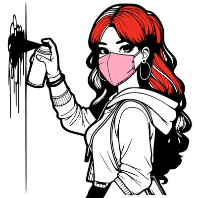 realistic girl with mask spray painting a wall