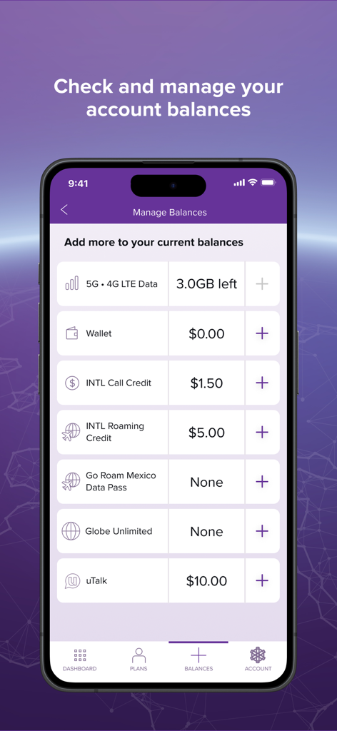 Ultra Mobile app screen showing the manage balances interface with details for data, wallet, and international calling credit.