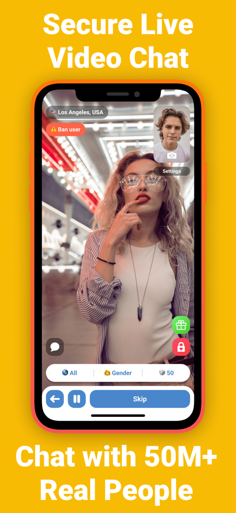 RC Live Video Chat Alternative - Una interfaz de usuario para RC Live Video Chat que muestra una videollamada segura entre dos personas con filtros de género y regionales