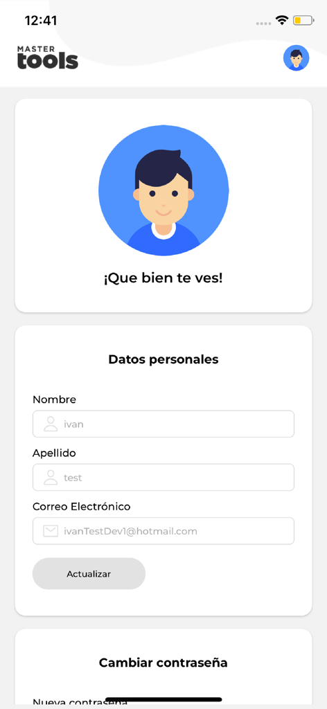 Pantalla de configuración del perfil de la aplicación MasterTools que muestra campos de información personal y avatar del usuario.