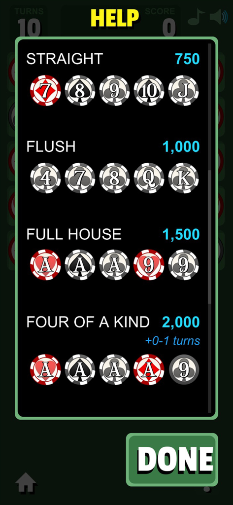 Royal Flush Game - Menu de ajuda mostrando classificações de mãos de poker e valores de pontos para o Royal Flush Game