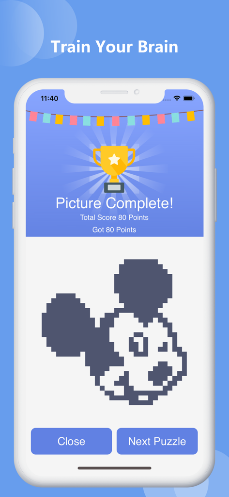 Un rompecabezas de arte de píxeles completado en el juego de lógica Nonogram que muestra un personaje de dibujos animados y un trofeo con el texto Picture Complete.