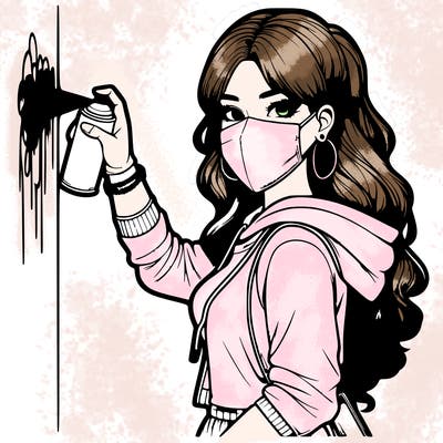 realistic girl with mask spray painting a wall