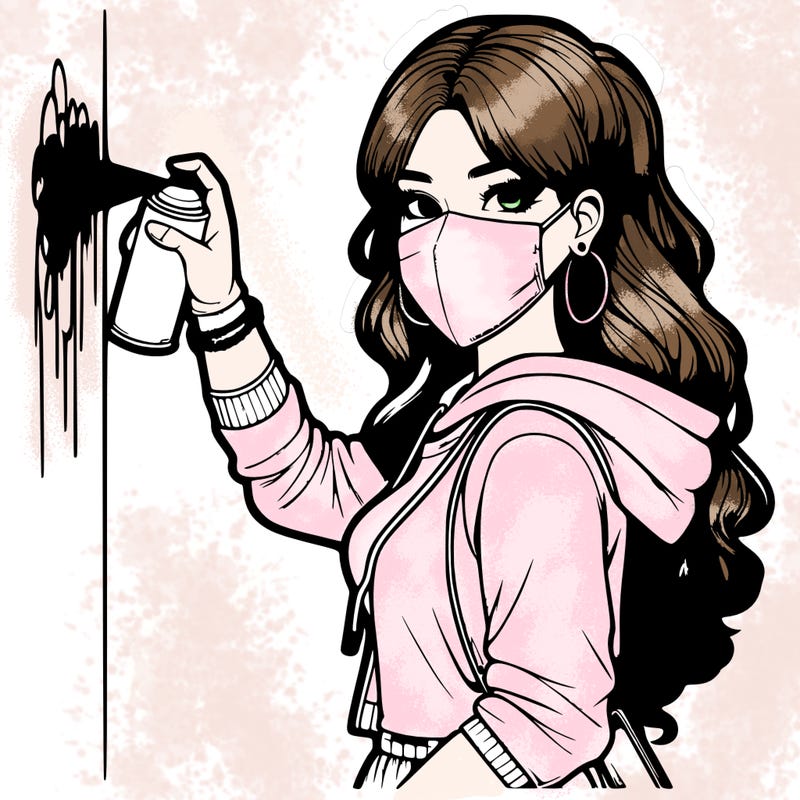 realistic girl with mask spray painting a wall