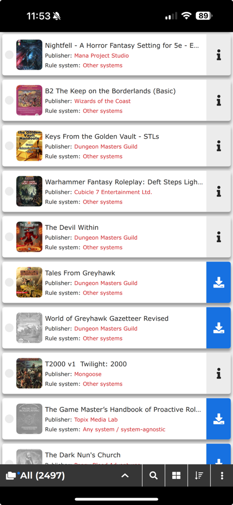 DriveThruRPG Library - DriveThruRPGアプリのテーブルトップRPGブックとタイトルのリストを表示するデジタルライブラリインターフェイス