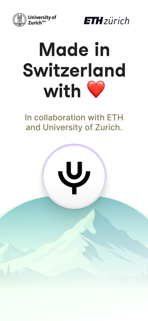 Univerbal AI Language Learning - Univerbal AI language learning app screen showcasing its Swiss origins and collaboration with ETH Zurich and University of Zurich