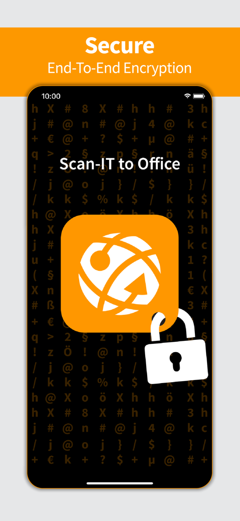 Interfaz de la aplicación móvil Scan-IT to Office que resalta el cifrado seguro de extremo a extremo para la recopilación de datos