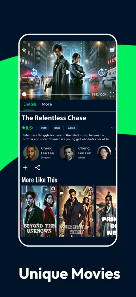 clickia - Clickia app screen showing a movie player for The Relentless Chase with descriptions and recommendations