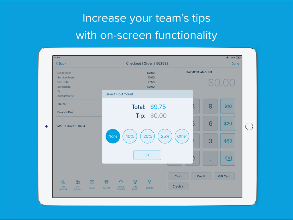 Revel POS - 2.79 - Revel POS iPad screen showing a popup for customers to select a tip amount during checkout