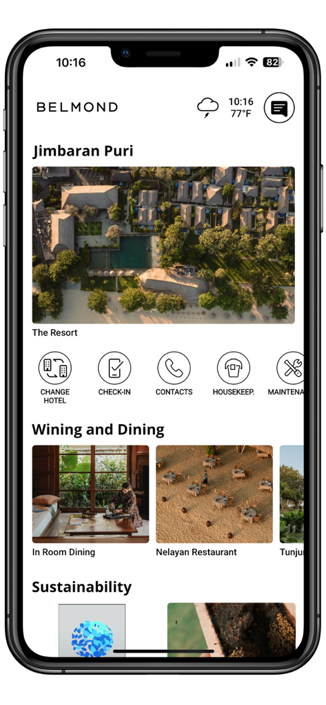 Belmond - ベルモンドモバイルアプリのインターフェース。ギリ・アムリタ・ジャカルタリゾートのチェックインやダイニングオプションなどのゲストサービスを表示。