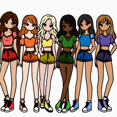 a group of girls wearing crop tops and shorts