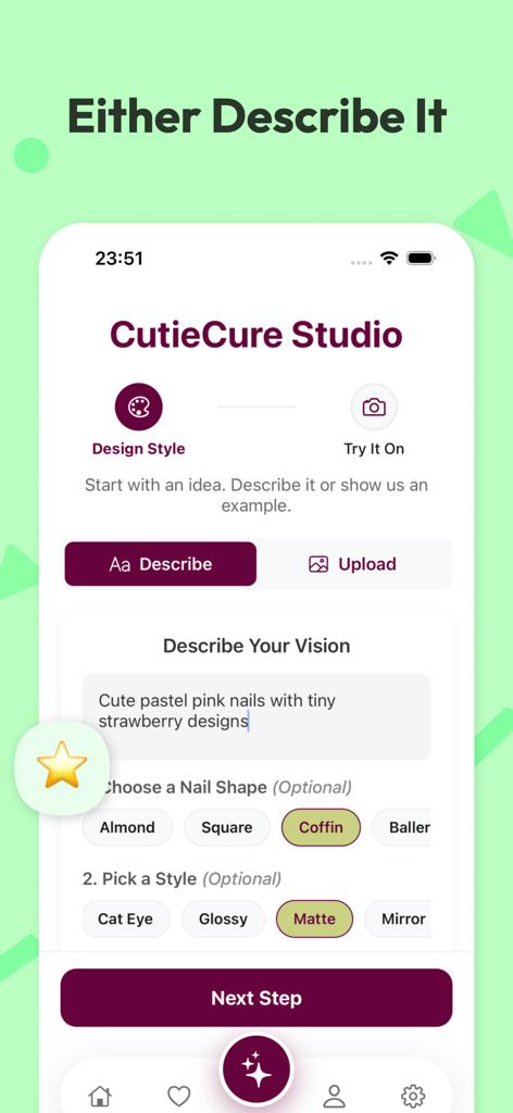 AI Nail Art Try On - CutieCure - Interface of the CutieCure app showing the AI nail design studio where users can describe their vision and select nail shapes like Coffin or Almond