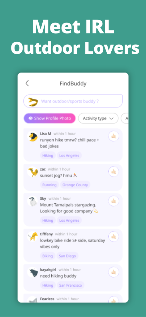 Interface of the GRASS app displaying local outdoor activity meetups and buddy requests