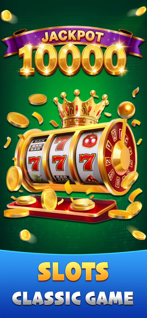 Classic gold slot machine with a 10000 jackpot and crown