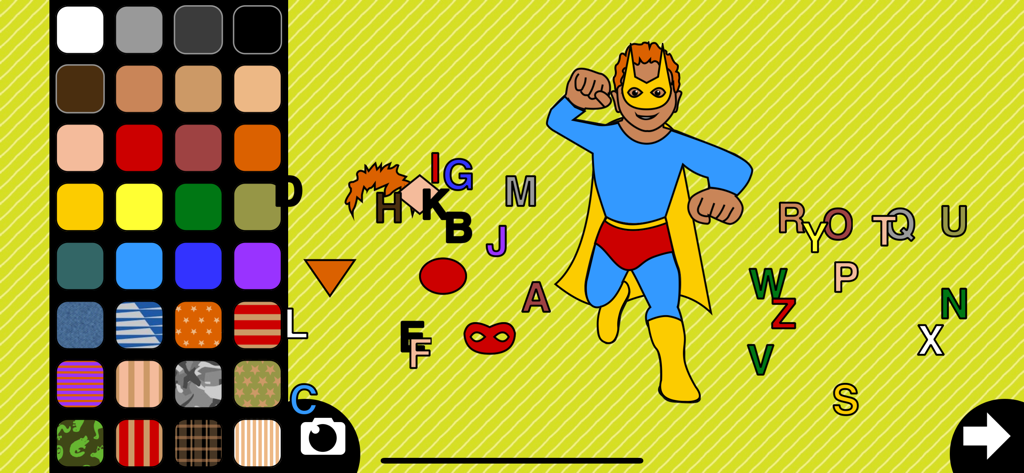Dress-up - Superhero character customization screen in the Dress-up app for kids.