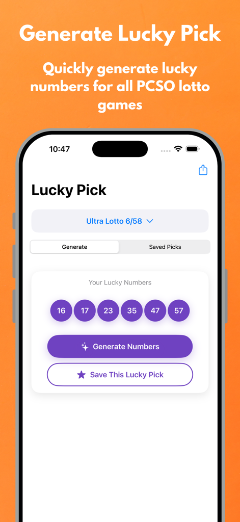 Mobile app screen showing the Lucky Pick number generator for Ultra Lotto 6/58 with random number results