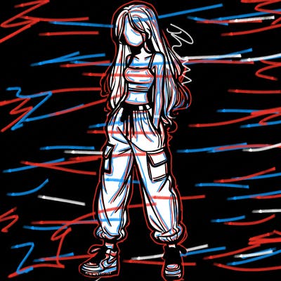 girl in baggy pants crop top and long hair