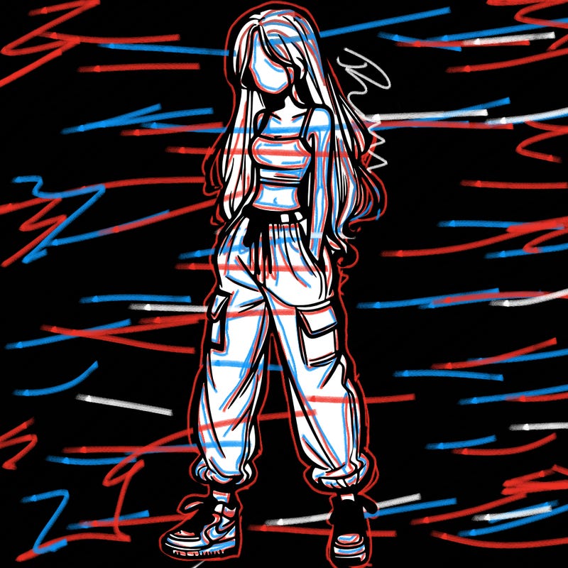 girl in baggy pants crop top and long hair