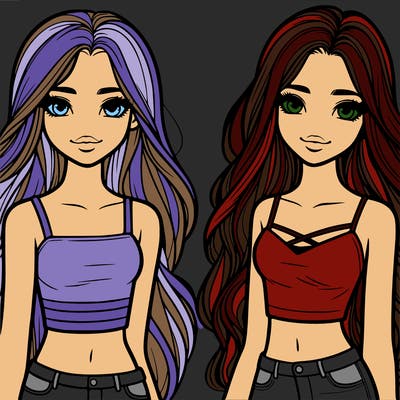 teenage girls with really long hair and wearing crop tops