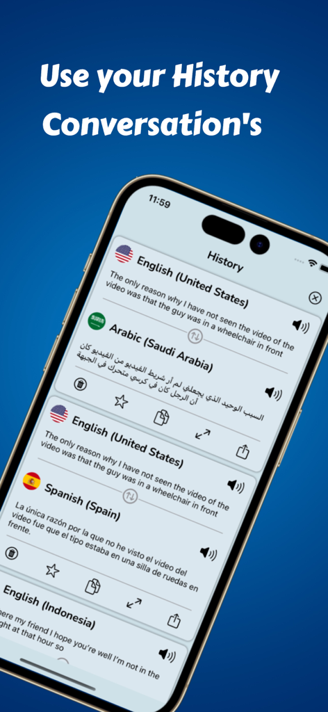 Language Translator Converter - Una pantalla móvil que muestra un historial de conversaciones traducidas en inglés, árabe y español.